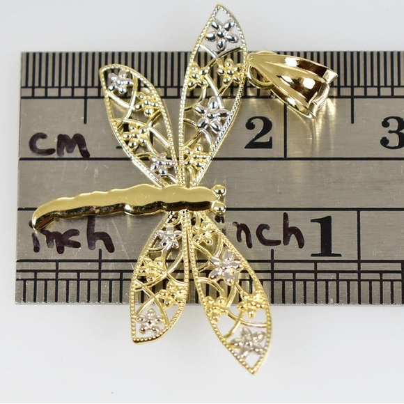 🆕 14k Solid Yellow/White Gold Dragonfly Pendant Diamond Cut - Picture 10 of 13